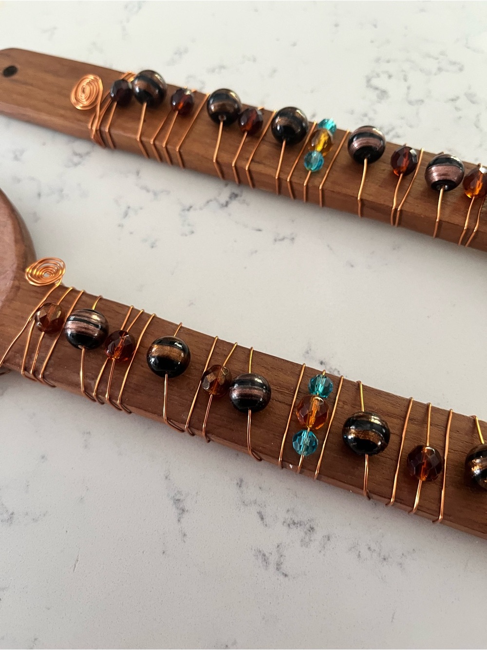 Handmade Copper Wire Bead Bracelet with Blue and Amber Accents